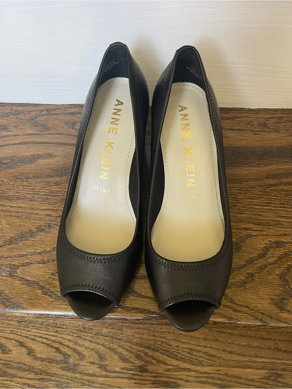 Anne Klein Black Peep Toe Leather Heels